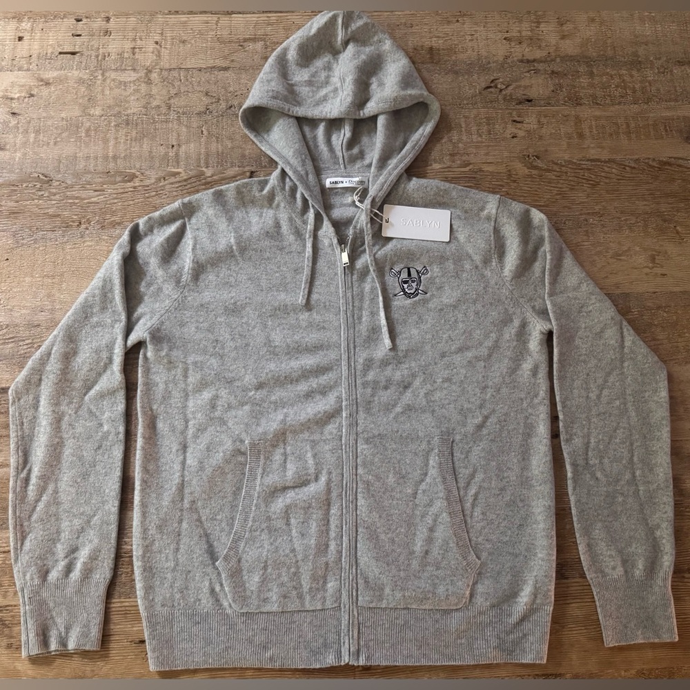 NWT SABLYN Mens Gray Zip-Up Cashmere Hoodie Size Medium with Raiders Logo